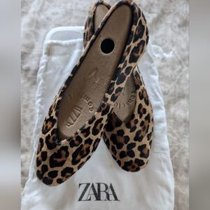 ZARA Pony Hair Leopard-Spot Ballet Flats in Brown and Black
